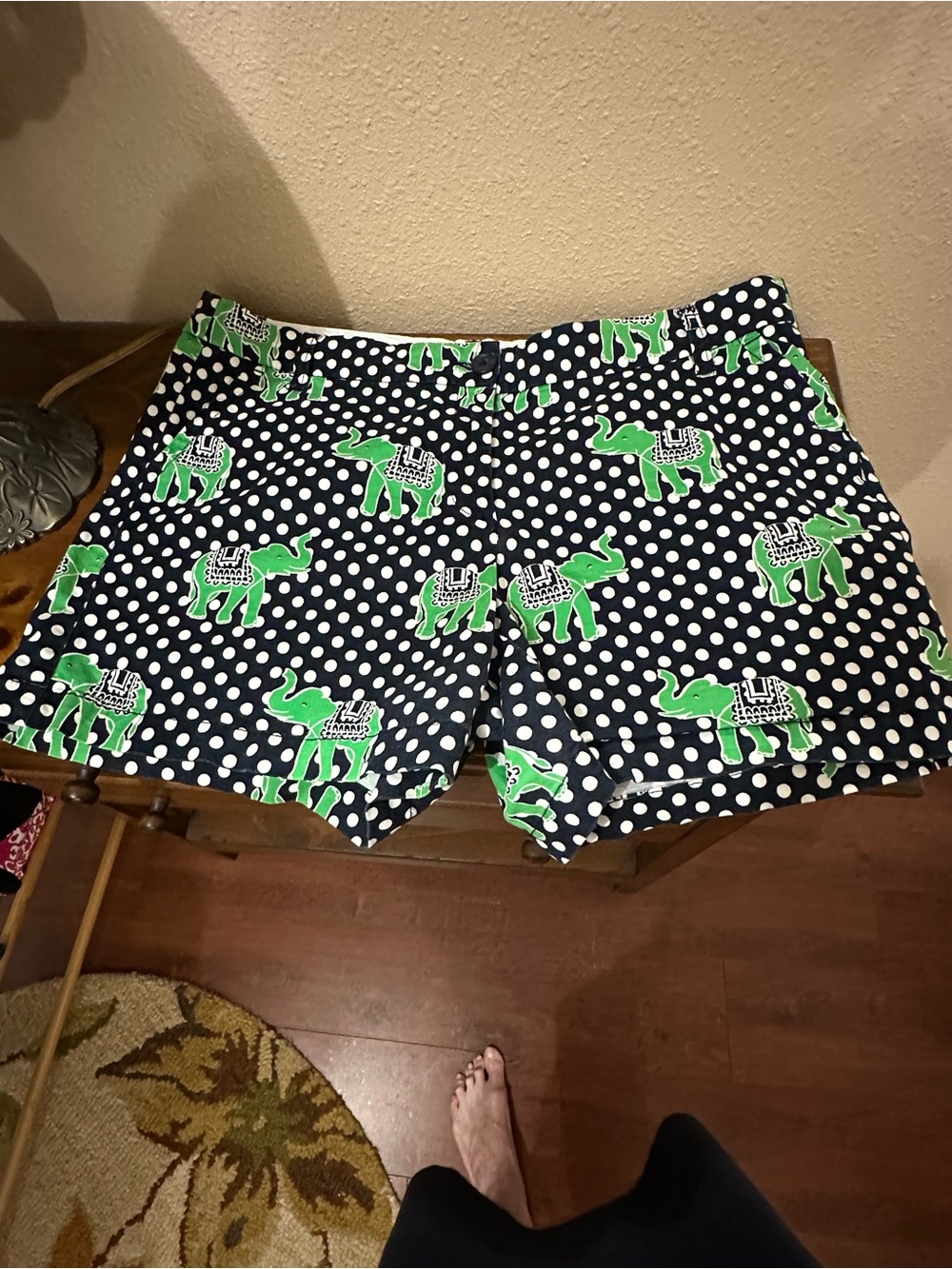 crown & ivy Navy Polka Dot Shorts with Green Elephant Print